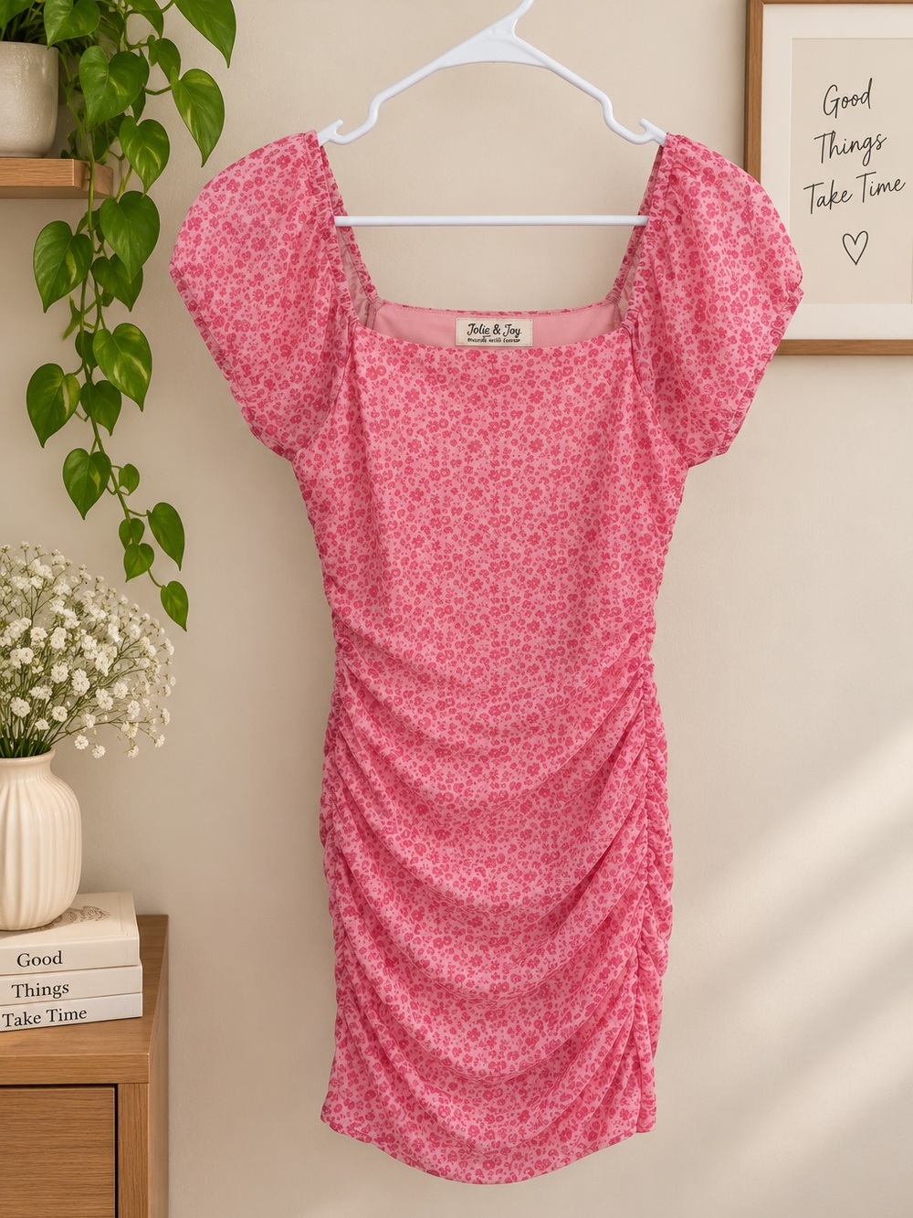 Jolie & Joy Pink Floral Mesh Ruched Bodycon Midi Dress Size Large